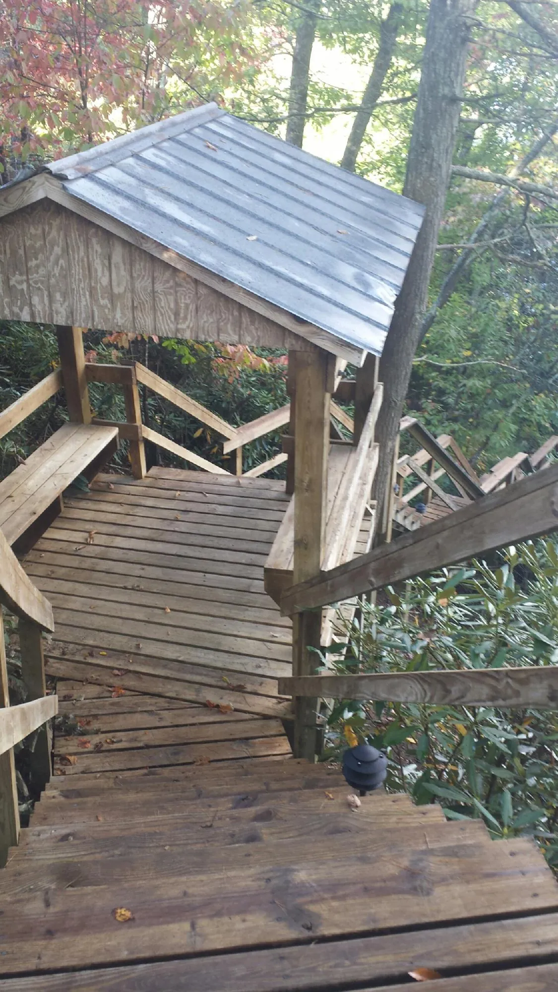 Metal roofed shelter over wooden steps on a wooded walkway — Skylight Repair & Installation work by our crew in Deshler